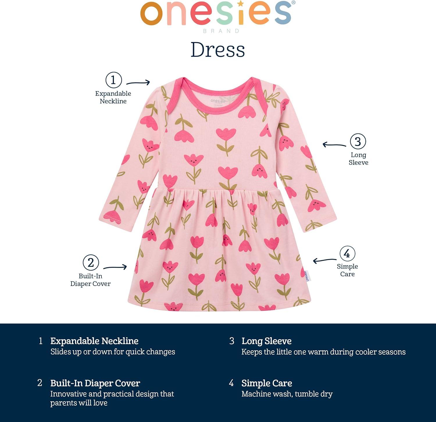 imageOnesies Brand Baby Girls Long Sleeve Bodysuit DressPink Tulips