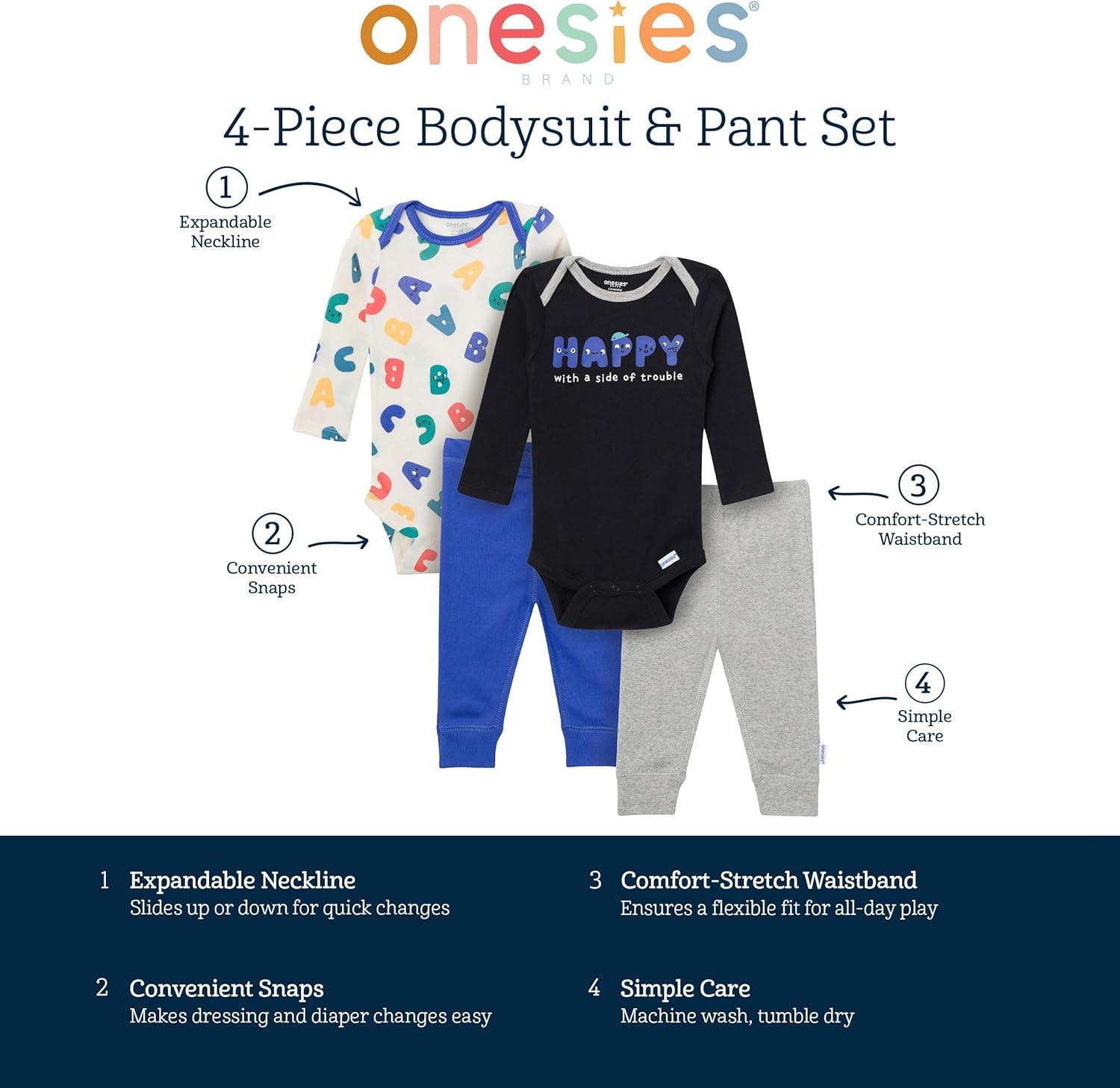 imageOnesies Brand Unisex Baby 4Piece Bodysuits and PantsHappy Letters