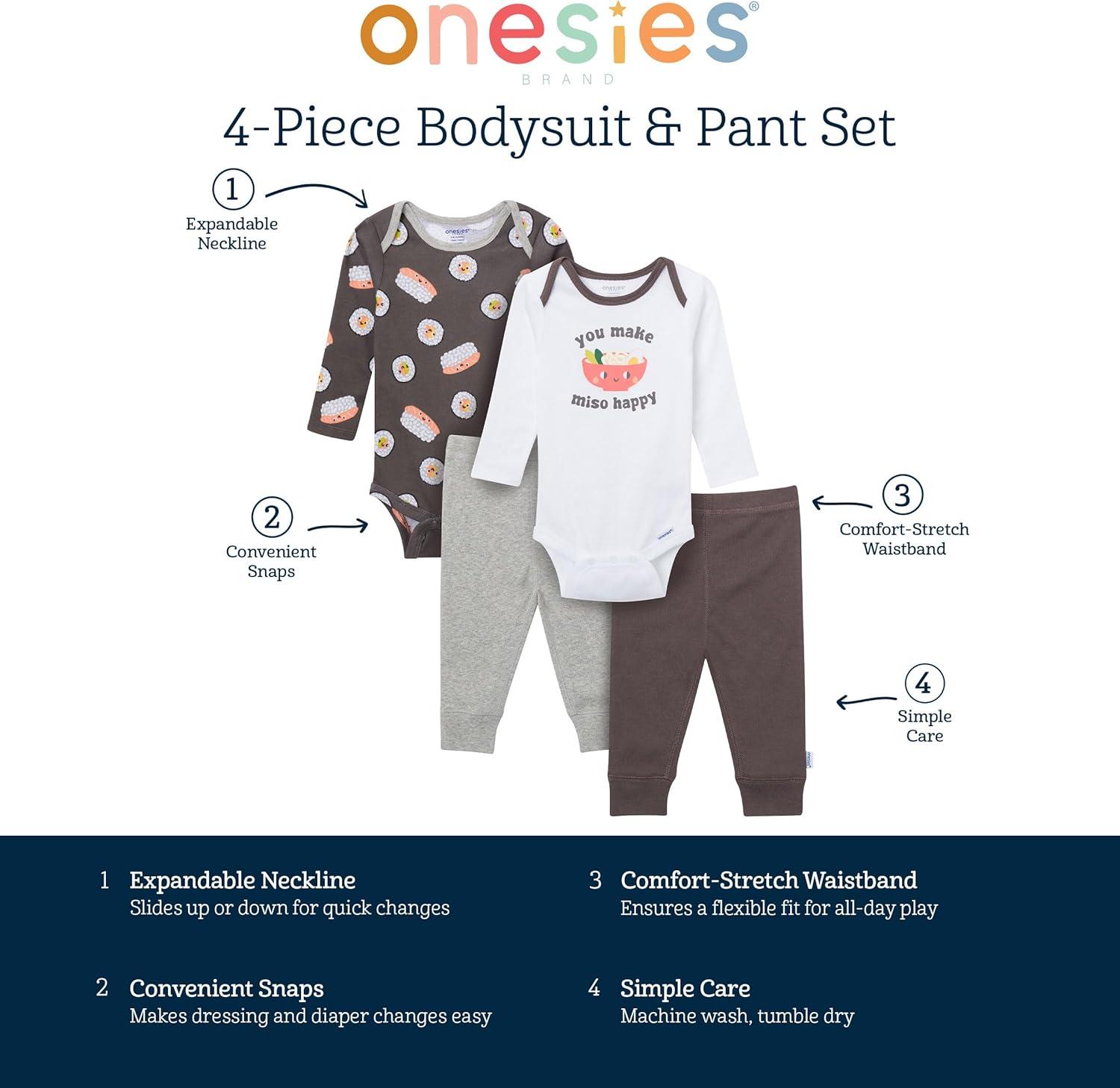 imageOnesies Brand Unisex Baby 4Piece Bodysuits and PantsMiso Happy