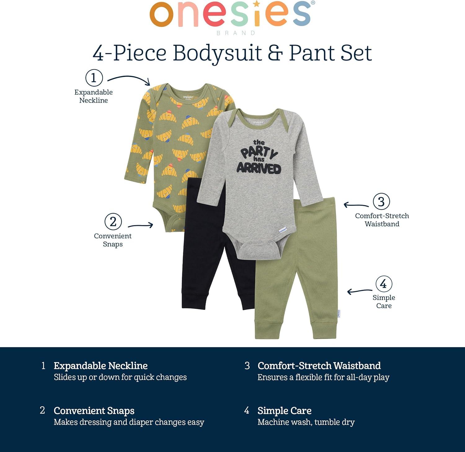 imageOnesies Brand Unisex Baby 4Piece Bodysuits and PantsParty Croissant