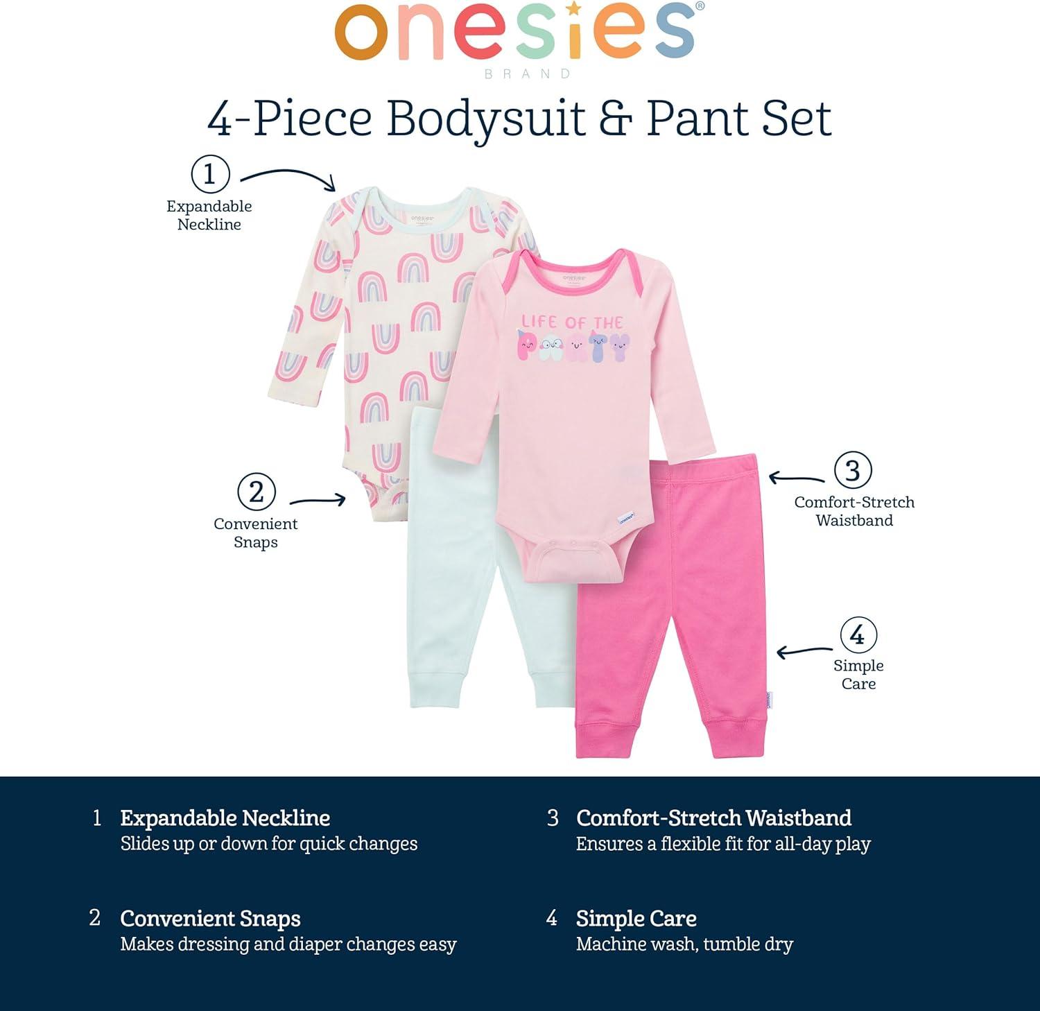 imageOnesies Brand Unisex Baby 4Piece Bodysuits and PantsParty Rainbow