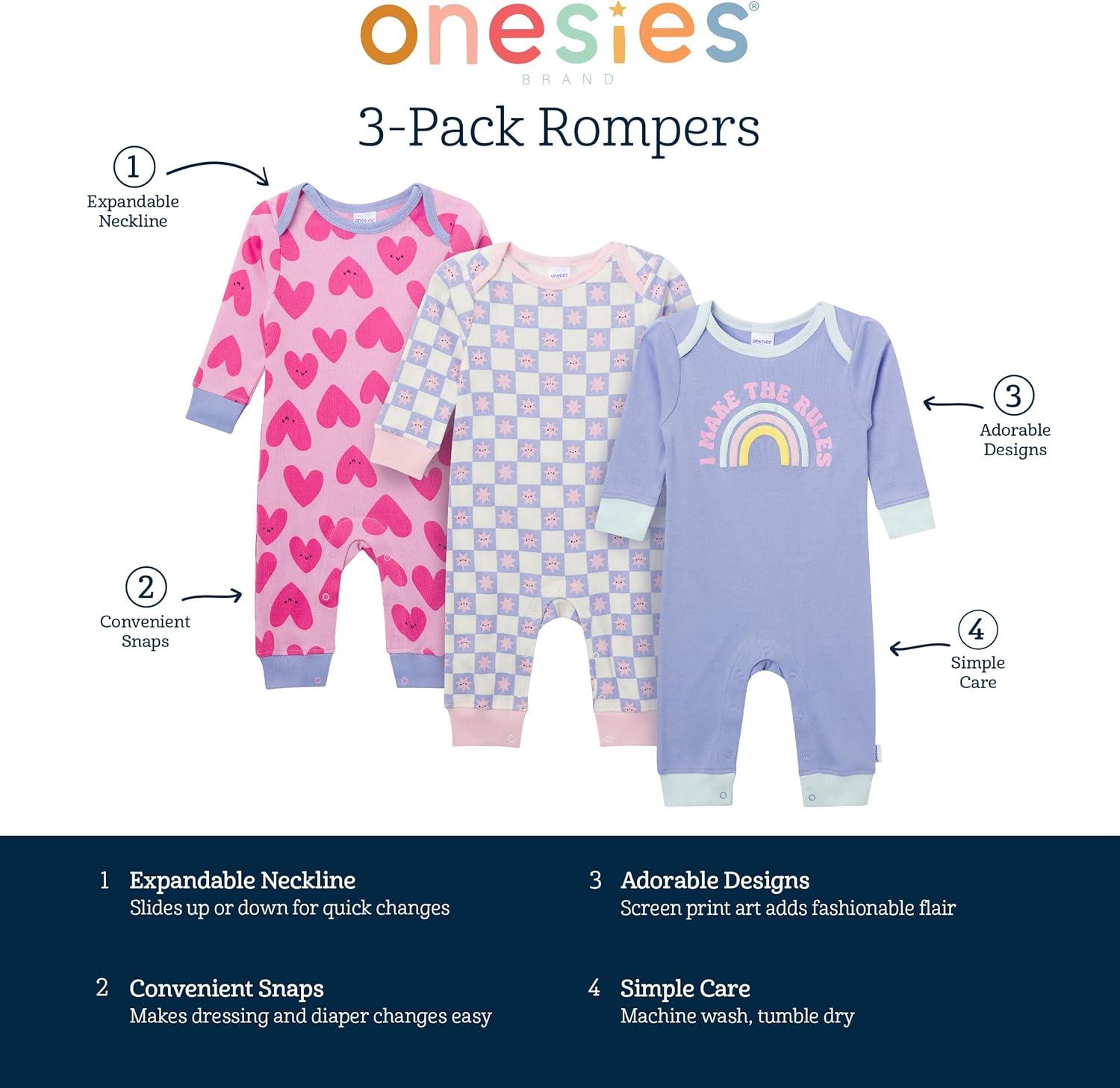 imageOnesies Brand unisexbaby 3pack Cotton RomperRainbows and Hearts