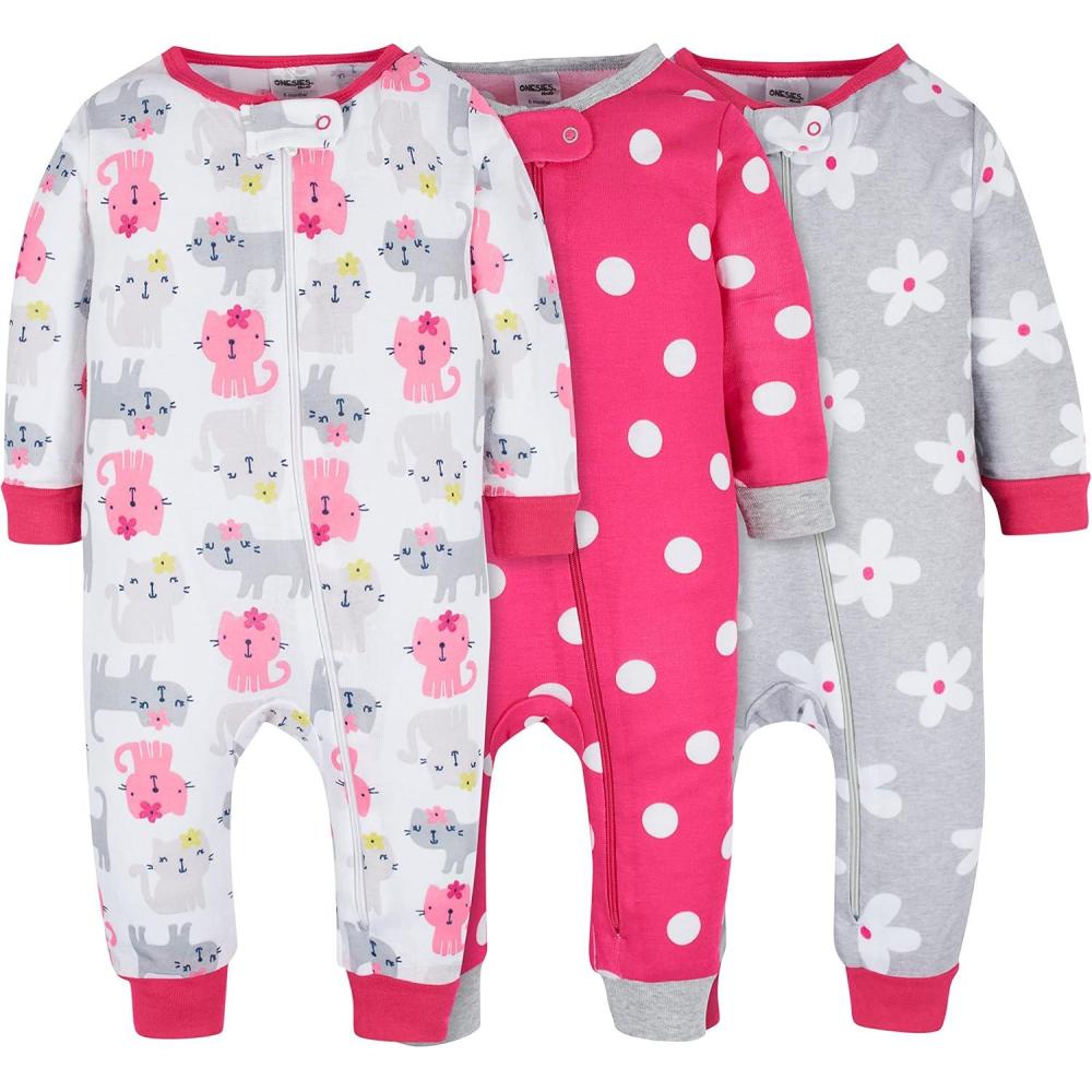 imageOnesies Brand Baby Girls 3pack Snug Fit Onepiece Cotton PajamasDots Kitties