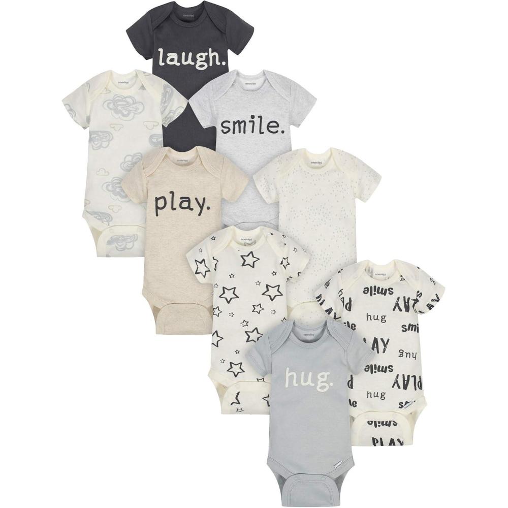 imageOnesies Brand Baby 8pack Short Sleeve Mix amp Match BodysuitsPlay Smile Hug Neutrals
